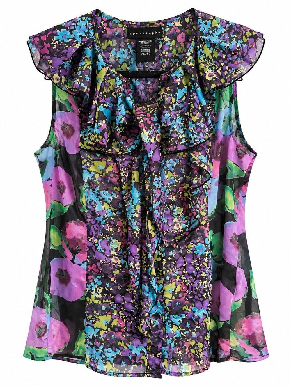 Apostrophe Womens XL Multicolor Floral Ruffle Sleeveless Chiffon Blouse